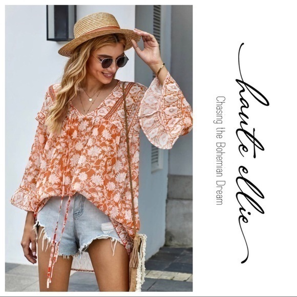 Haute Ellie Tops - Floral Flowing Bohemian V-Neck Top
